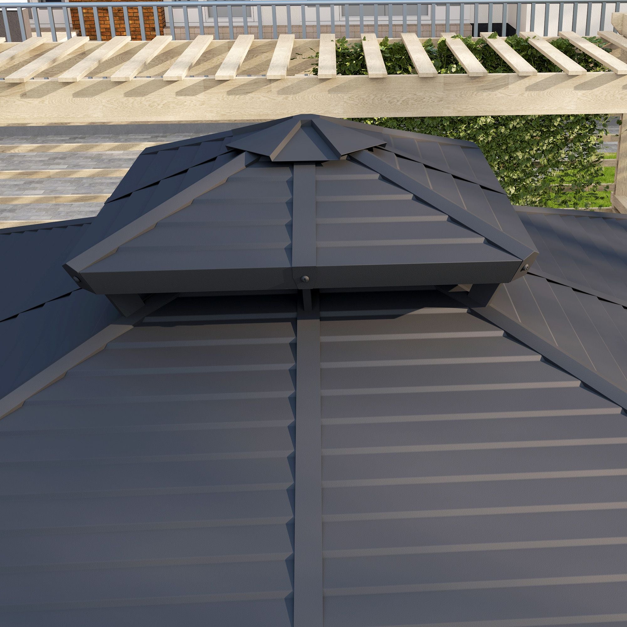 10' x 10' Hardtop Gazebo with Double Roof, Curtains & Netting - Aluminum Frame, Dark Brown - installation view