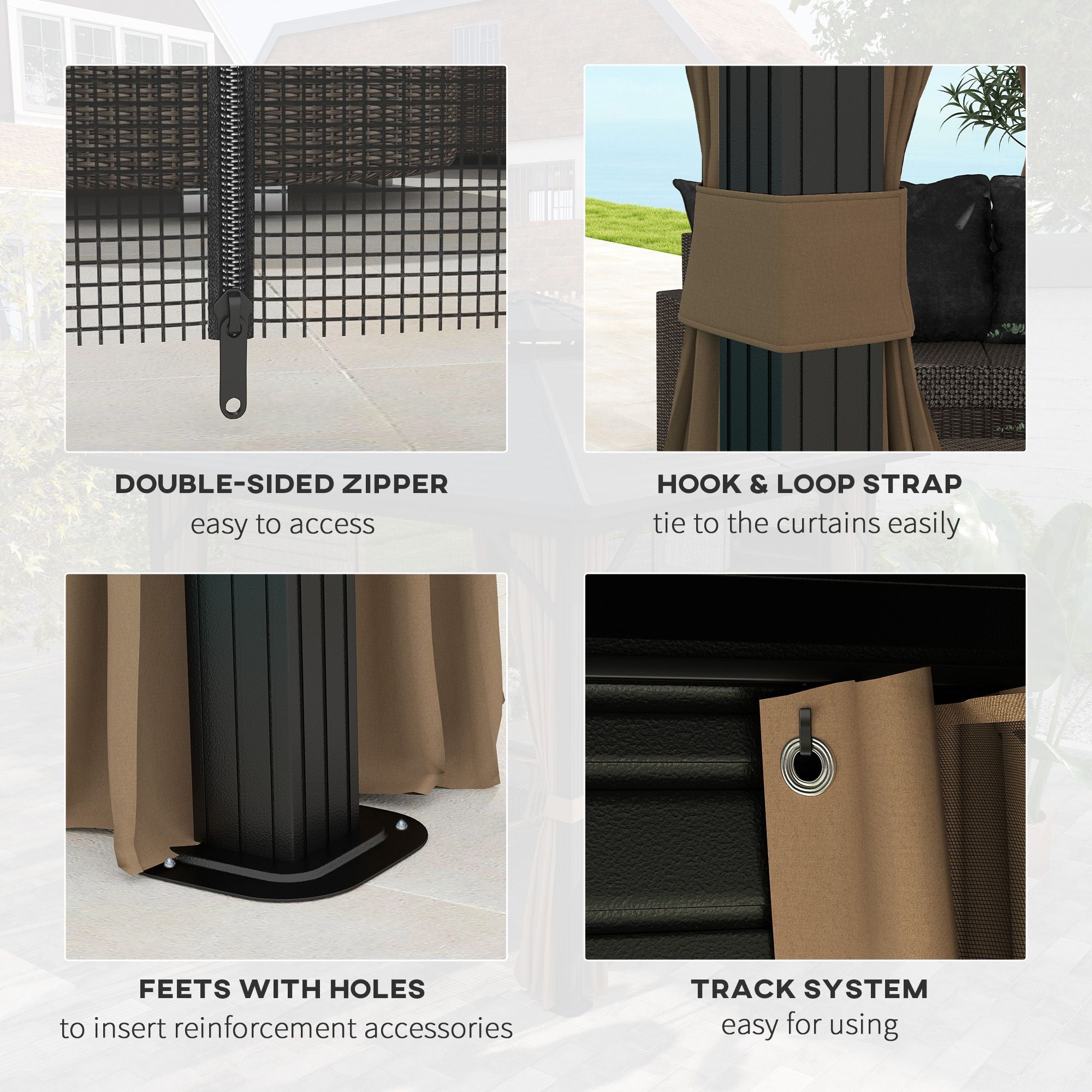 10' x 10' Hardtop Gazebo with Double Roof, Curtains & Netting - Aluminum Frame, Dark Brown - installation view