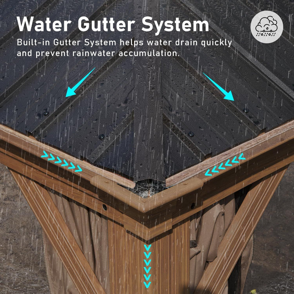 14' x 22' Hardtop Gazebo with Double Roof, Built-in Gutters, Curtains & Netting - Wood-Look Aluminum Frame - side view