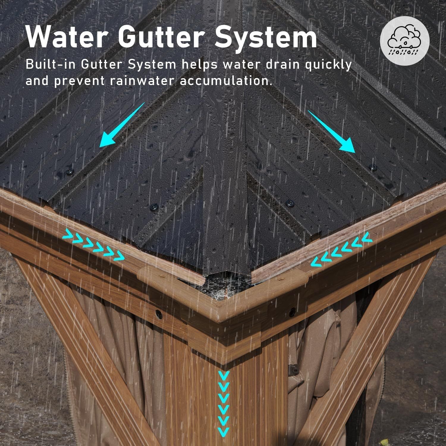 14' x 22' Hardtop Gazebo with Double Roof, Built-in Gutters, Curtains & Netting - Wood-Look Aluminum Frame - side view