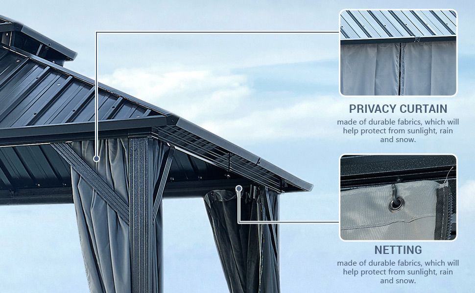 12' x 12' Hardtop Gazebo with Double Roof, Curtains & Netting - Aluminum Frame, Gray - installation view