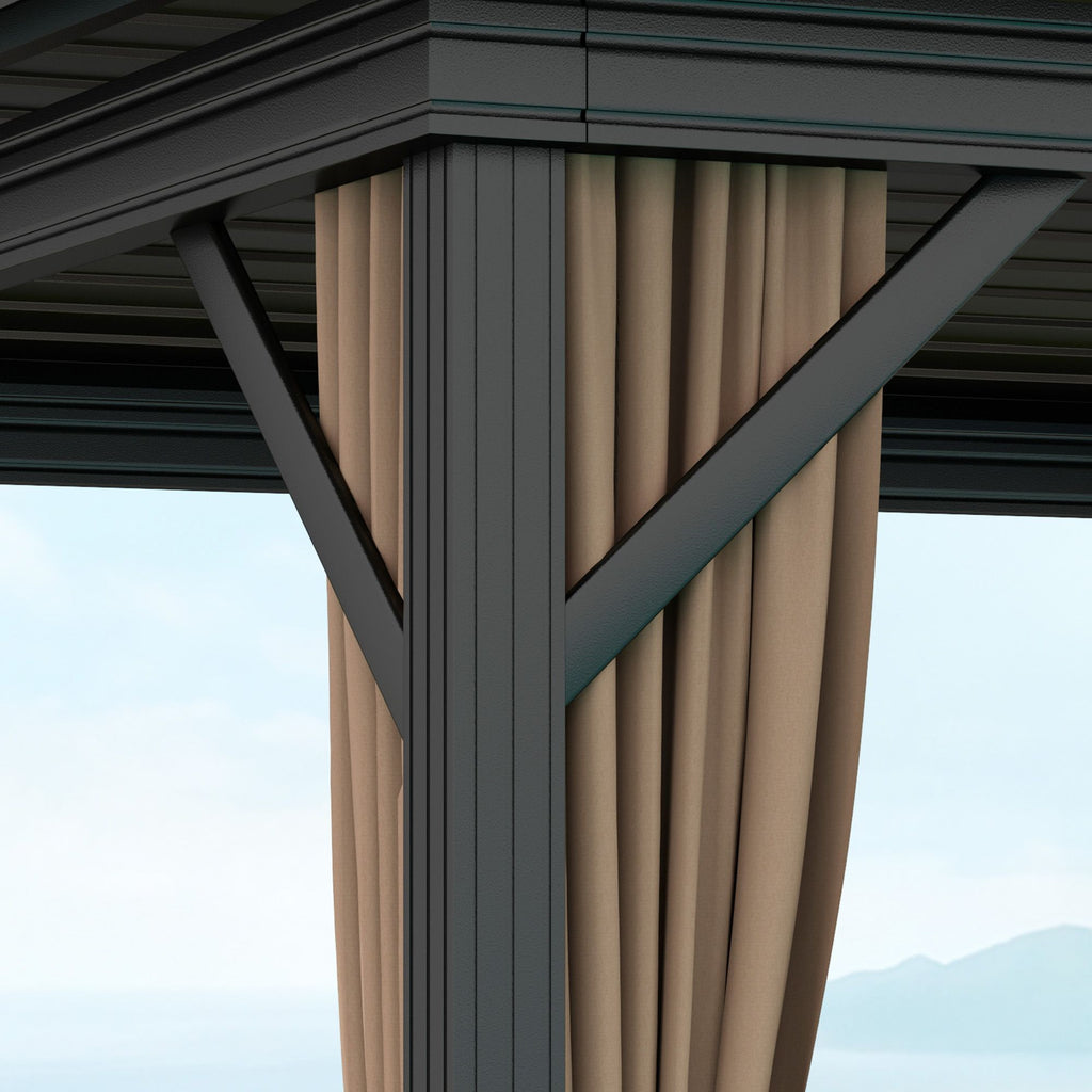 10' x 10' Hardtop Gazebo with Double Roof, Curtains & Netting - Aluminum Frame, Dark Brown - installation view