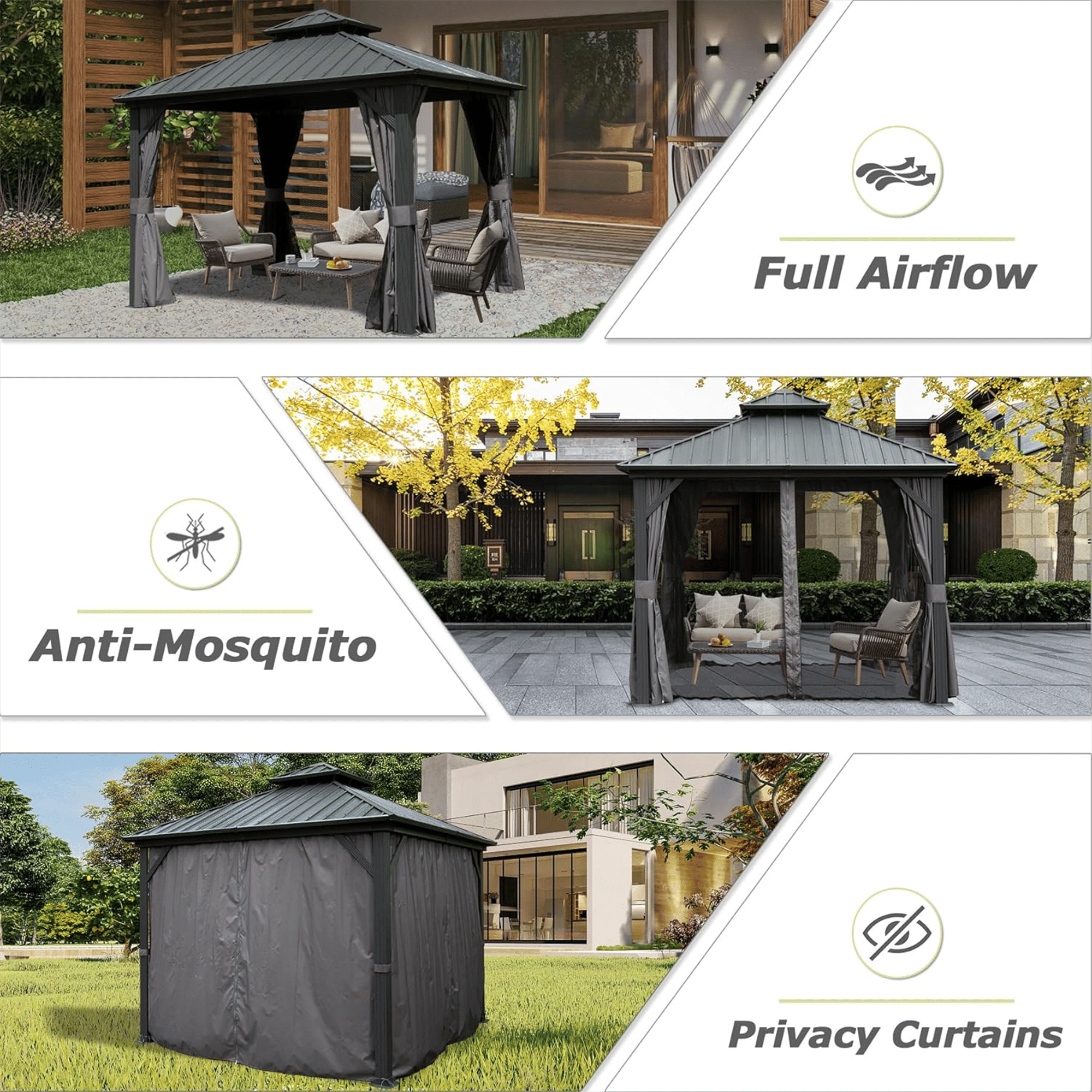 10' x 10' Hardtop Gazebo with Double Roof, Curtains & Netting - Aluminum Frame, Gray - lifestyle view