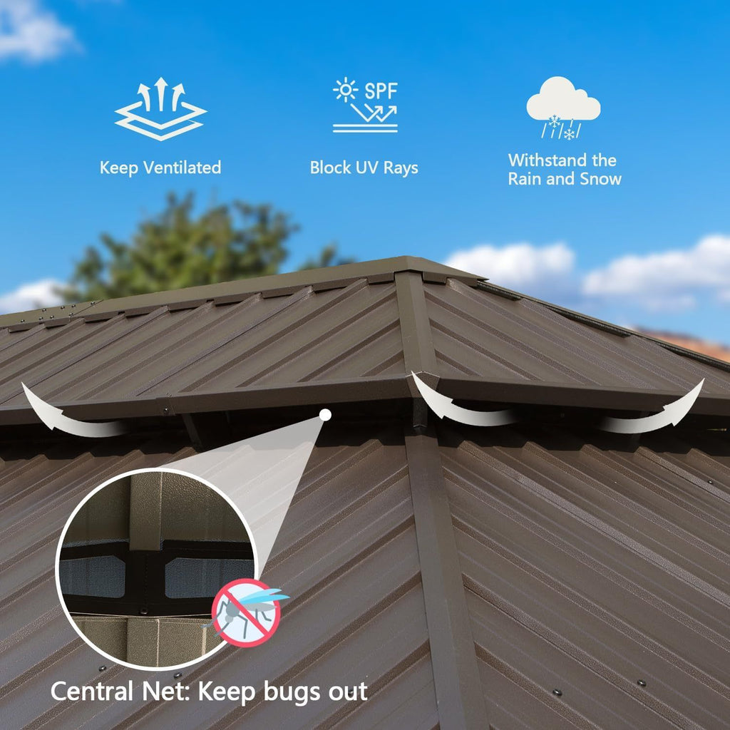 14' x 22' Hardtop Gazebo with Double Roof, Built-in Gutters, Curtains & Netting - Wood-Look Aluminum Frame - front view