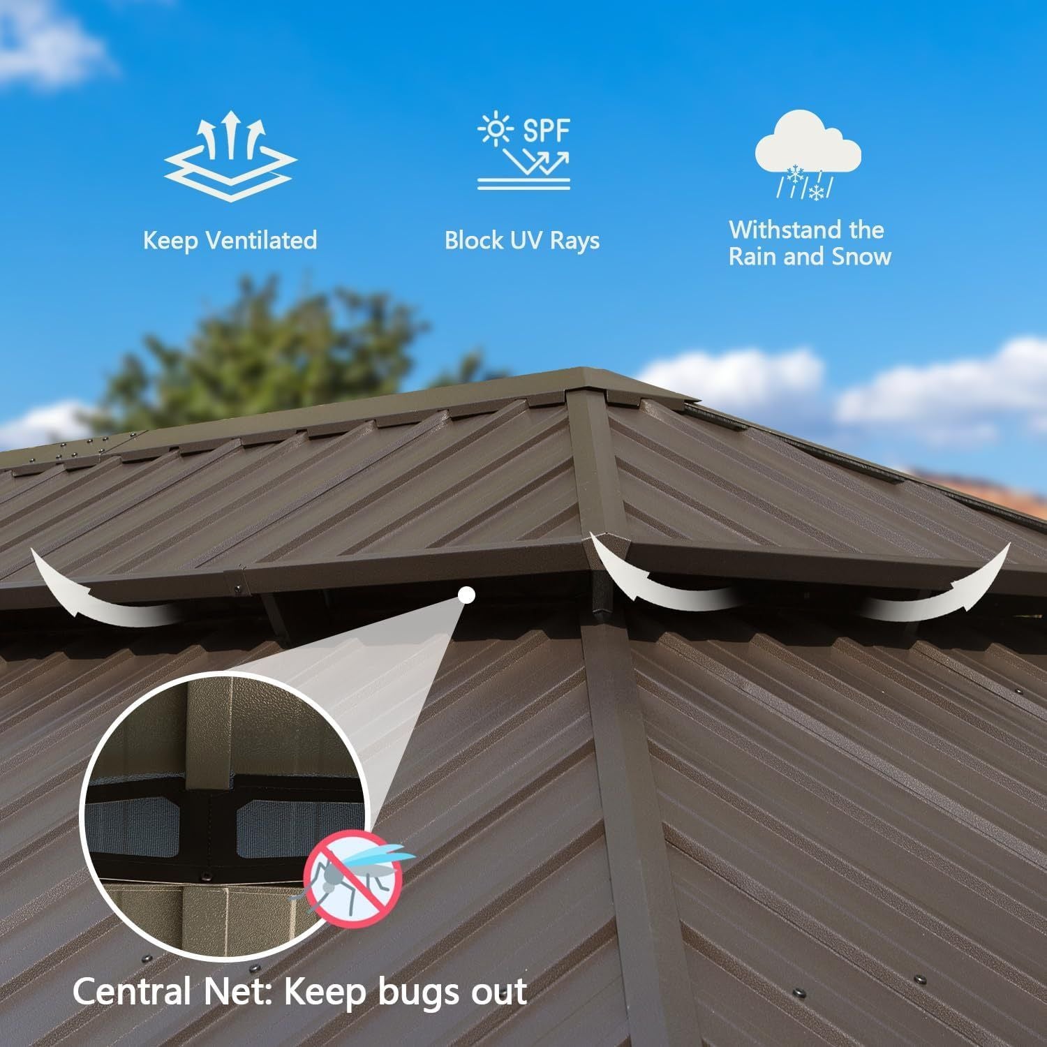 14' x 22' Hardtop Gazebo with Double Roof, Built-in Gutters, Curtains & Netting - Wood-Look Aluminum Frame - front view