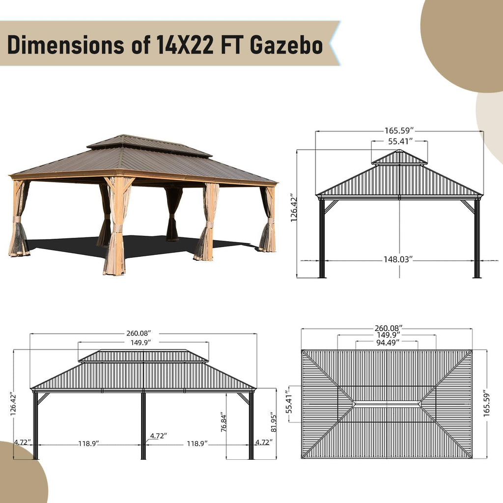 14' x 22' Hardtop Gazebo with Double Roof, Built-in Gutters, Curtains & Netting - Wood-Look Aluminum Frame - installation view