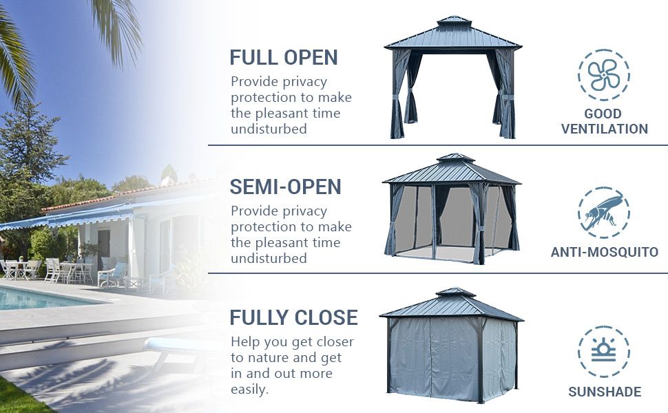 12' x 12' Hardtop Gazebo with Double Roof, Curtains & Netting - Aluminum Frame, Gray - installation view