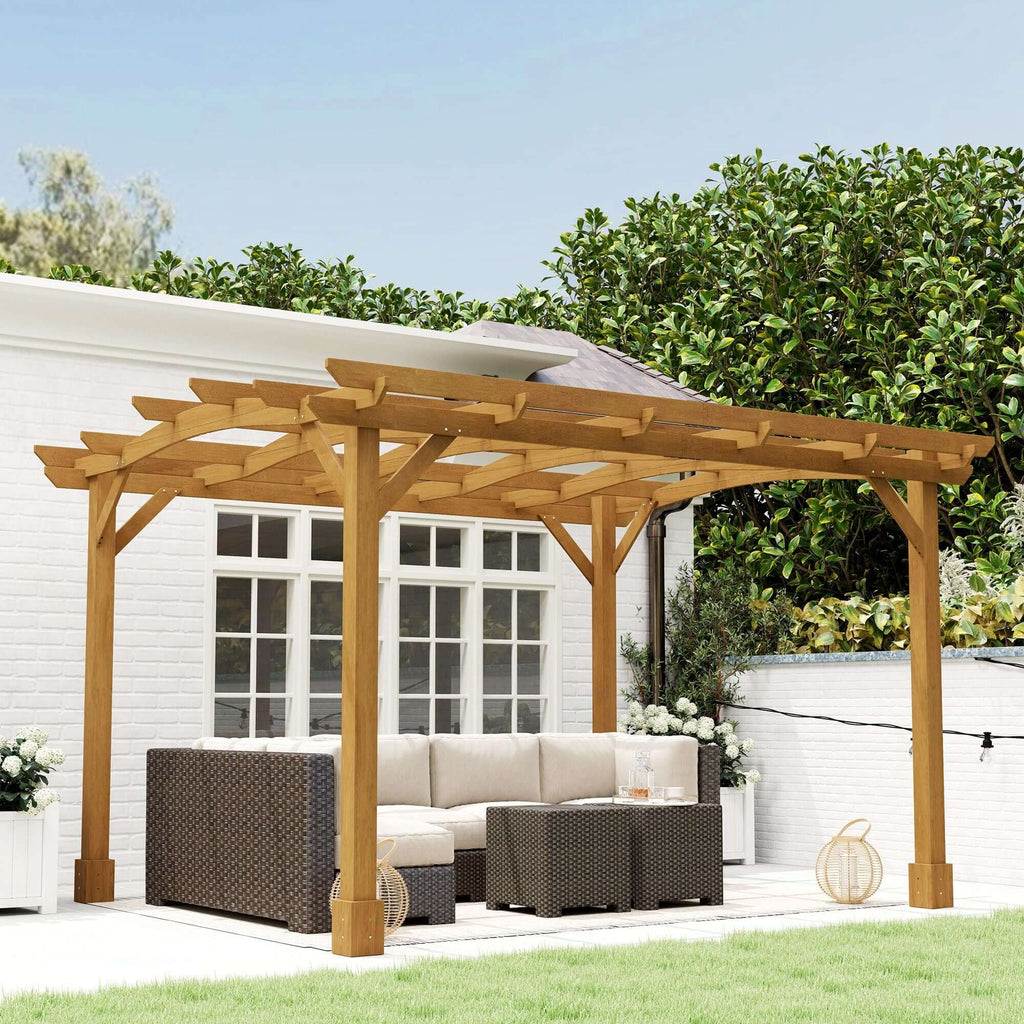 10' x 12' Wood Pergola with Arched Roof - Grape Trellis for Climbing Plants, Dark Brown