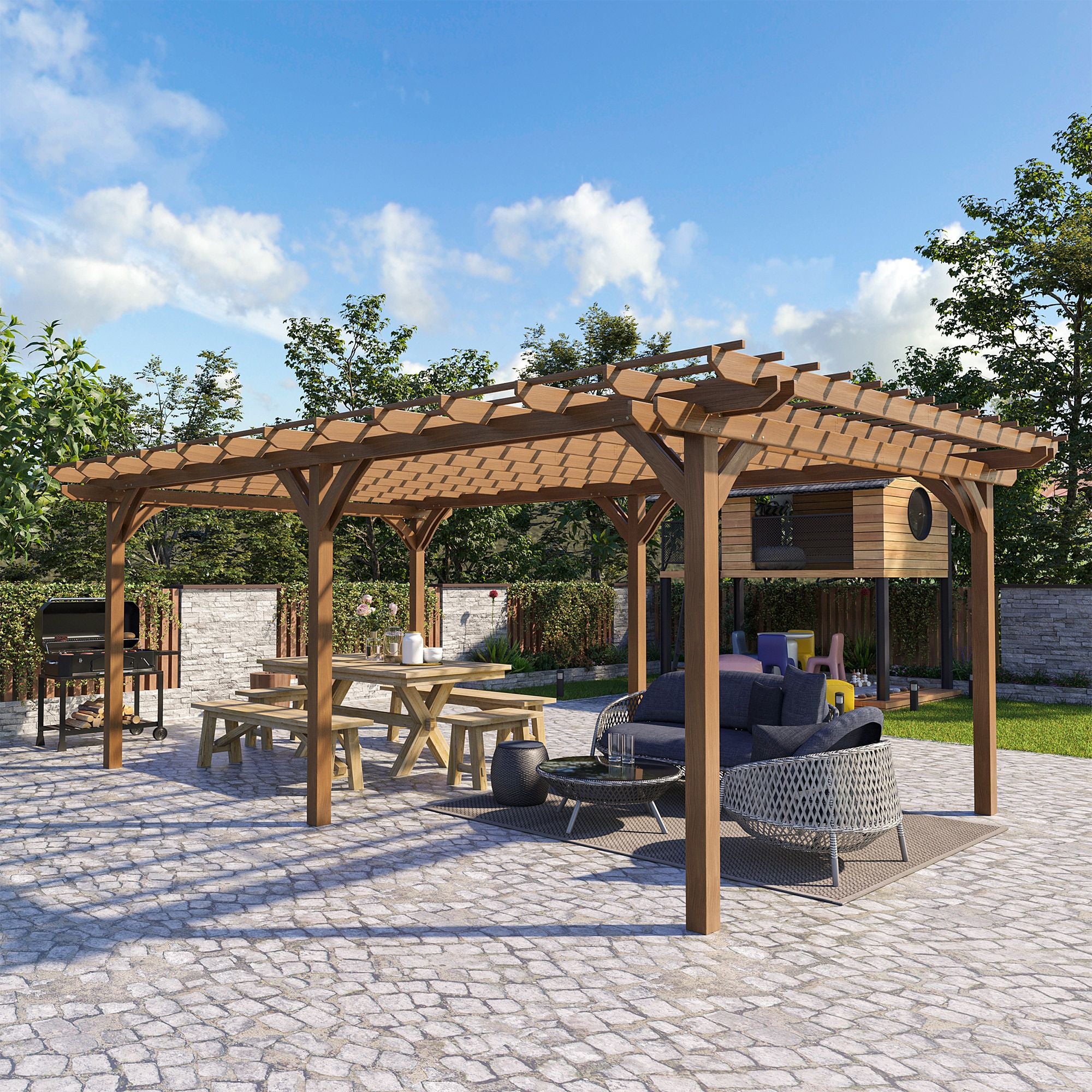 20' x 12' Wood Pergola - Outdoor Grape Trellis for Vines & Climbing Plants, Brown - installation view