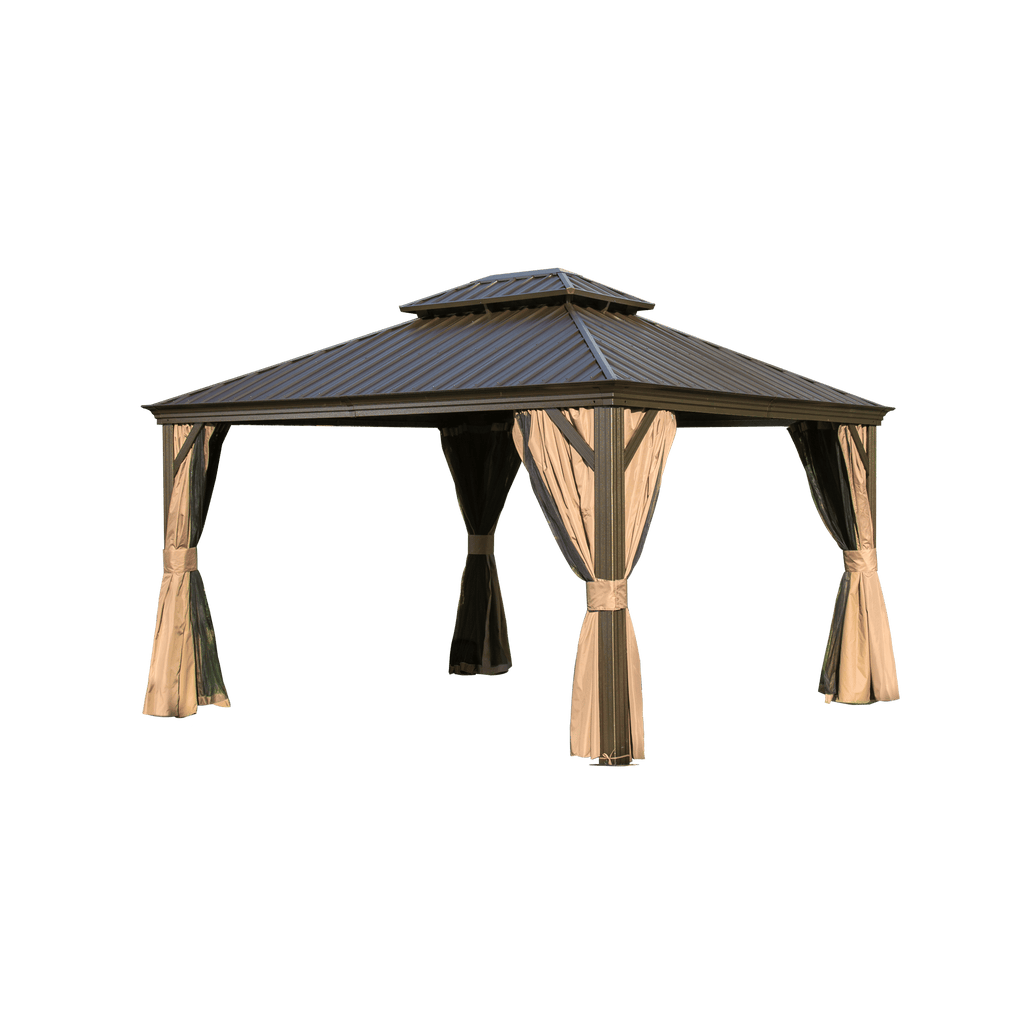 12' x 14' Hardtop Gazebo with Double Roof, Curtains & Netting - Aluminum Frame, Brown