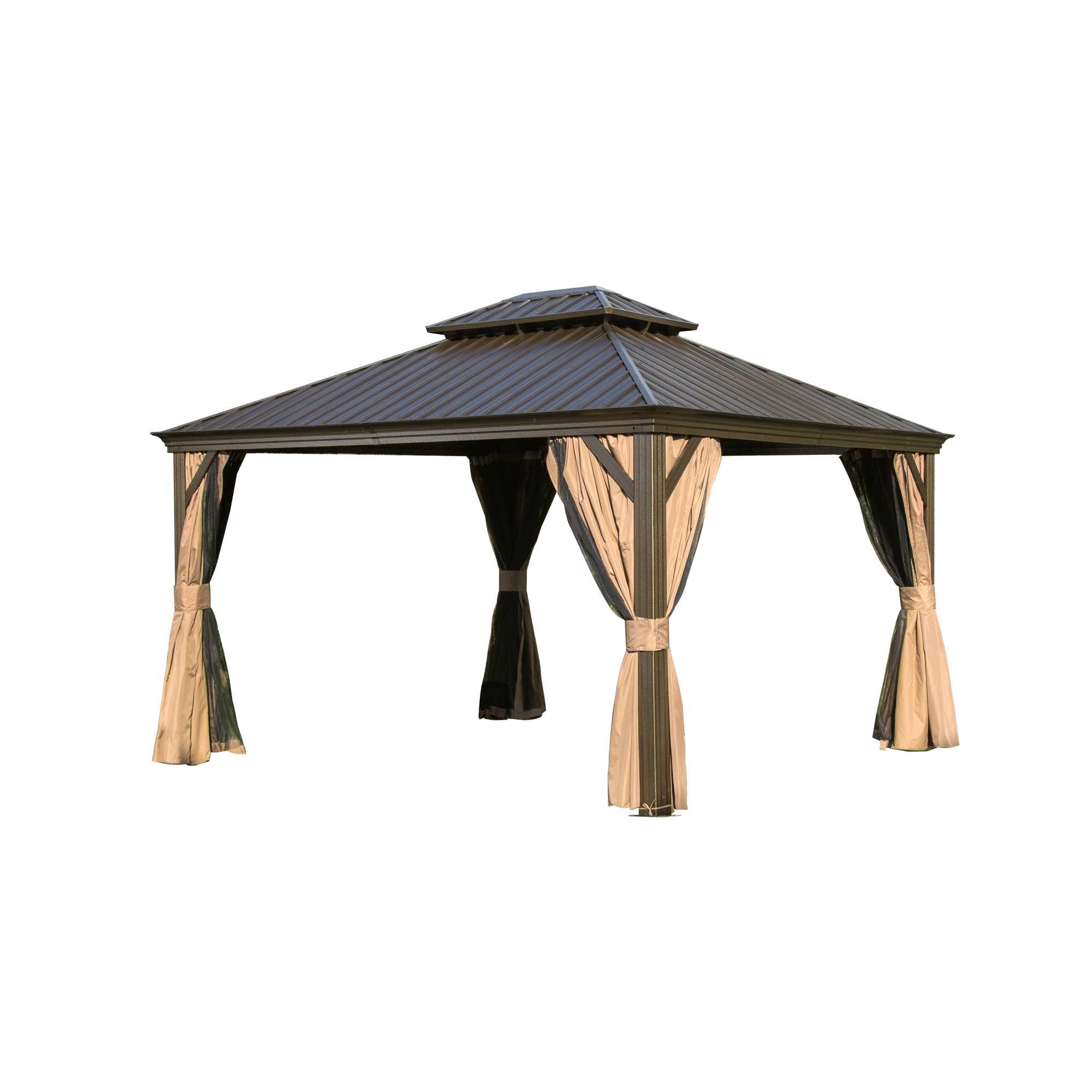 12' x 14' Hardtop Gazebo with Double Roof, Curtains & Netting - Aluminum Frame, Brown