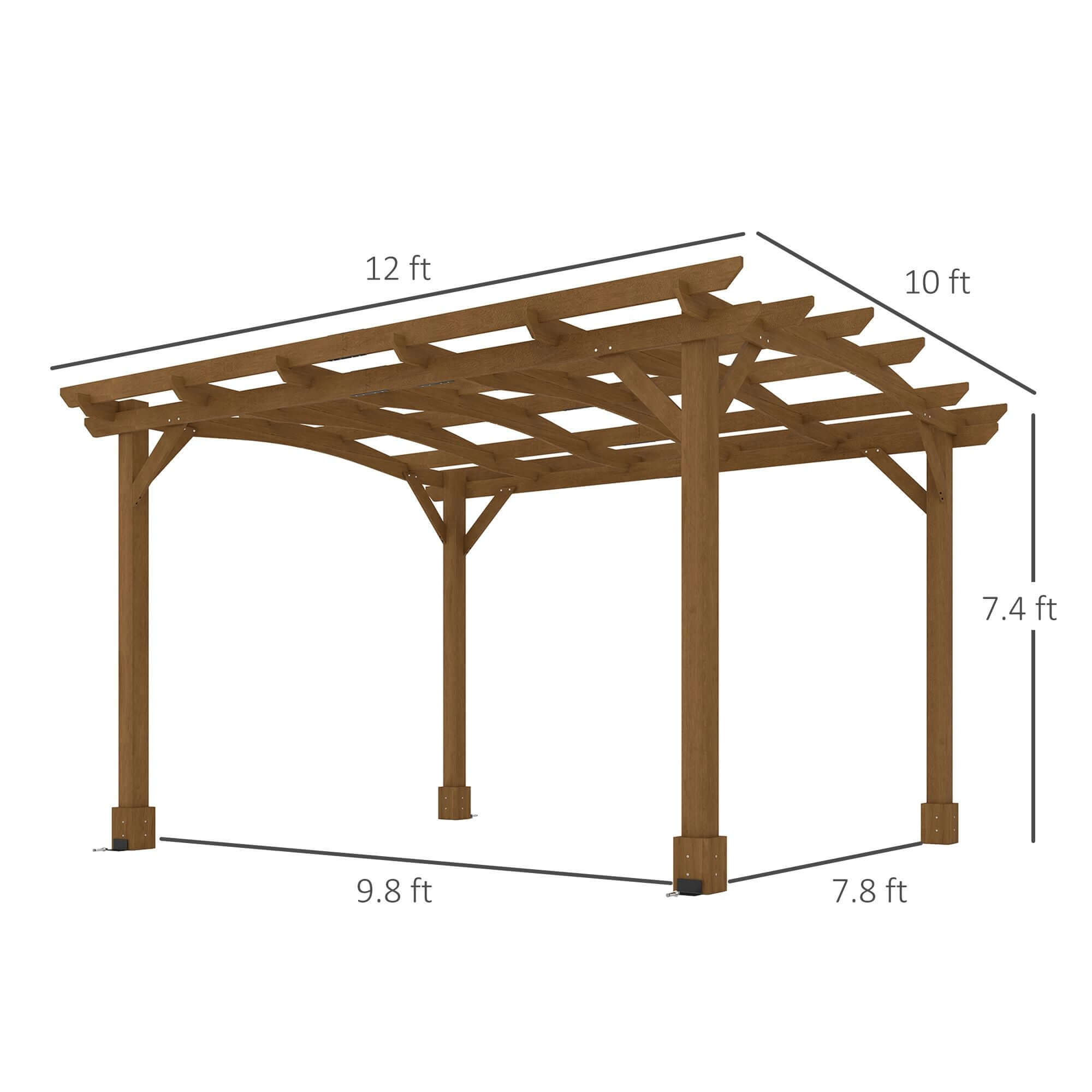10' x 12' Wood Pergola with Arched Roof - Grape Trellis for Climbing Plants, Dark Brown - side view