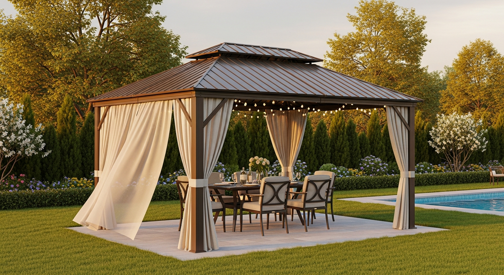 10' x 10' Hardtop Gazebo with Double Roof, Curtains & Netting - Aluminum Frame, Brown - installation view
