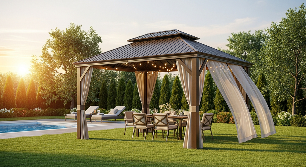 12' x 10' Hardtop Gazebo with Galvanized Steel Roof - Wood Grain Metal Frame, Brown/Gray - installation view