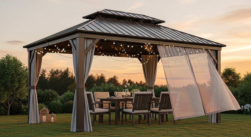 12' x 14' Hardtop Gazebo with Double Roof, Curtains & Netting - Aluminum Frame, Brown - installation view