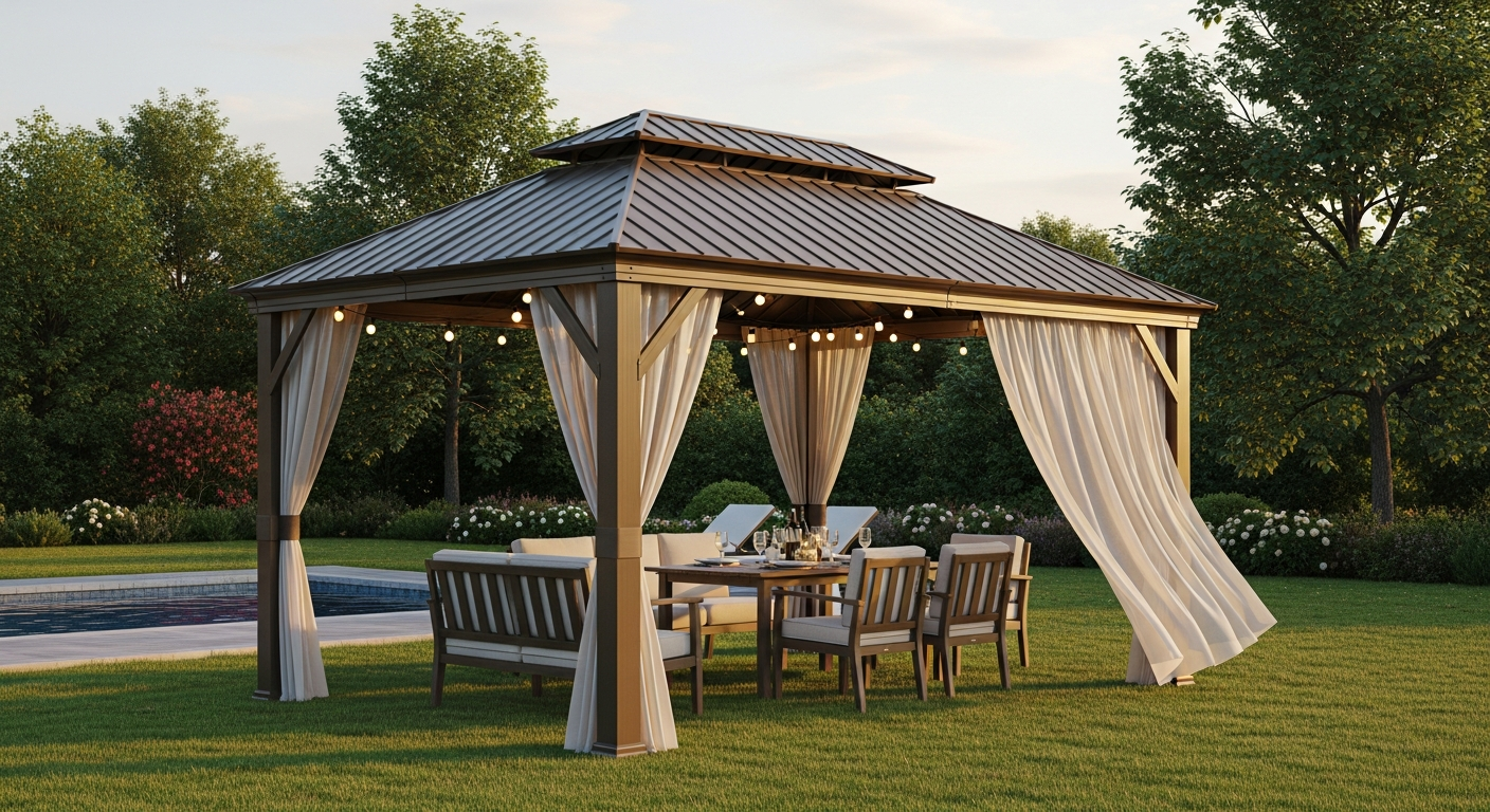 10' x 10' Hardtop Gazebo with Double Roof, Curtains & Netting - Aluminum Frame, Dark Brown - installation view