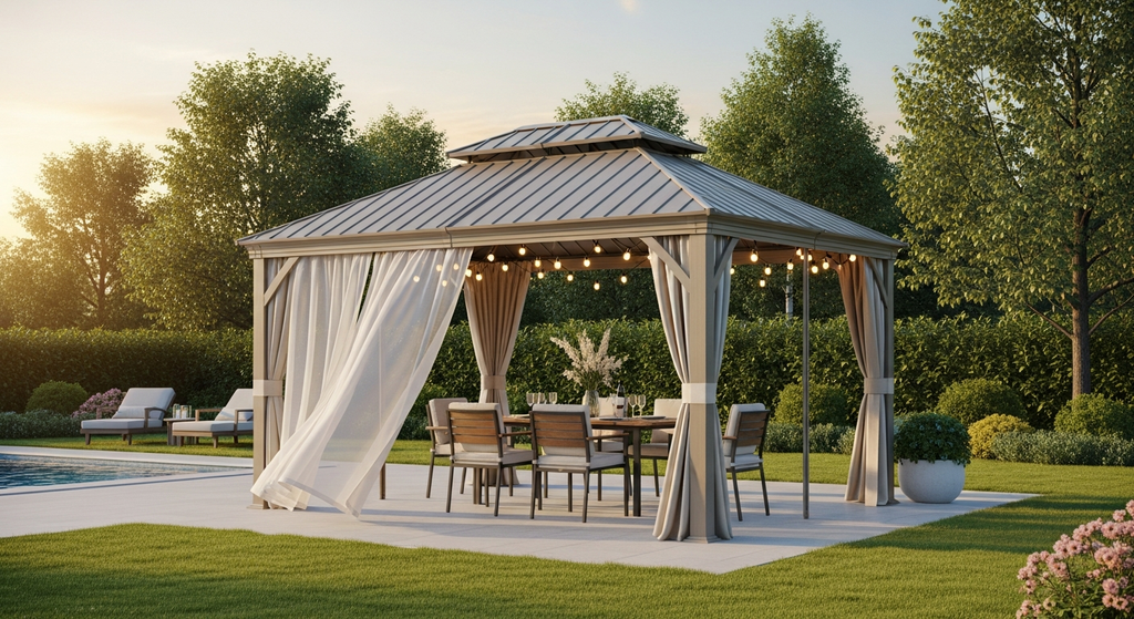 10' x 12' Hardtop Gazebo with Polycarbonate Roof, Curtains & Netting - Aluminum Frame, Beige - installation view