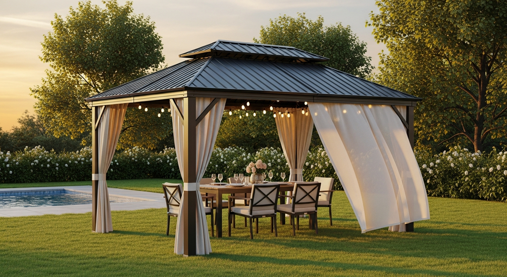 11' x 13' Hardtop Gazebo with Wood Frame & Steel Roof - Ceiling Hook Included, Natural/Black - installation view