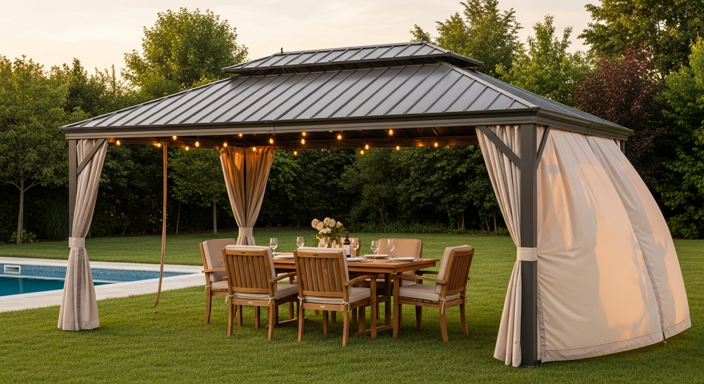 14' x 22' Hardtop Gazebo with Double Roof, Built-in Gutters, Curtains & Netting - Wood-Look Aluminum Frame - installation view