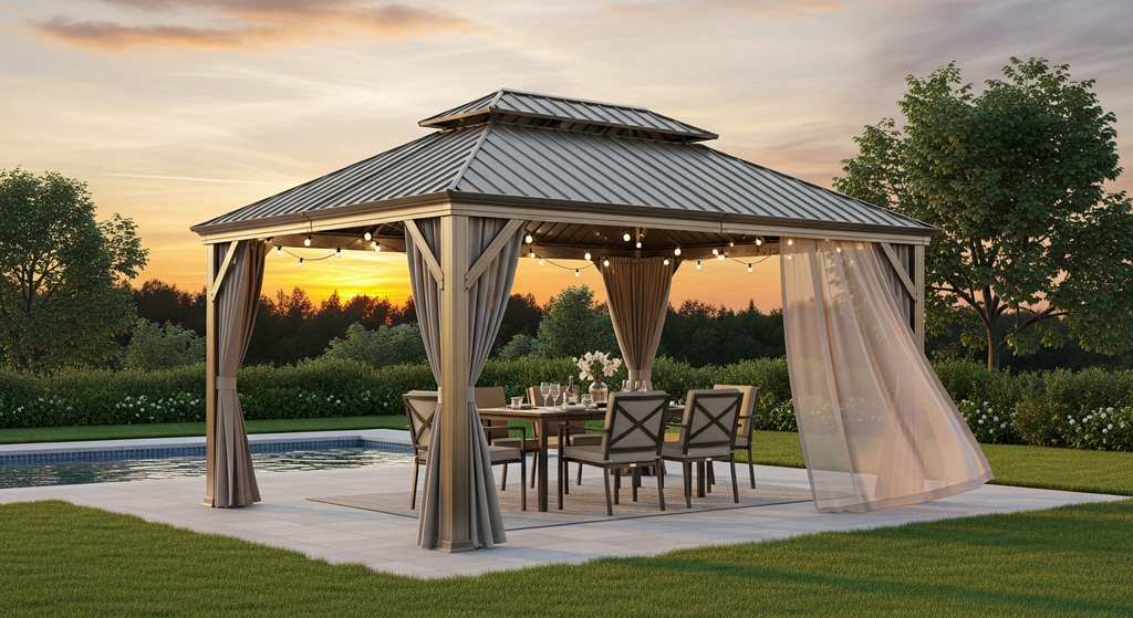 14' x 20' Hardtop Gazebo with Double Roof, Built-in Gutters, Curtains & Netting - Wood-Look Aluminum Frame - installation view