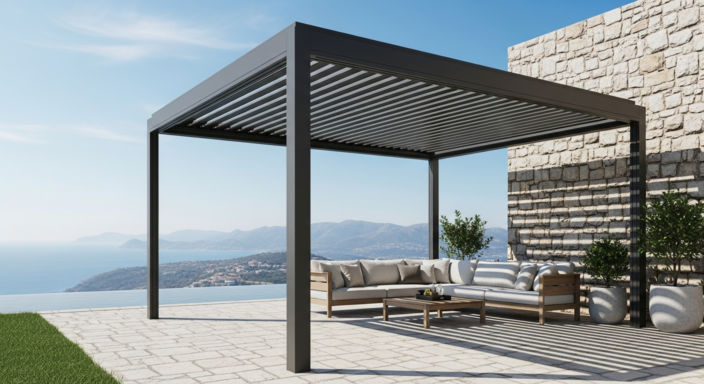 10' x 13' Louvered Pergola with Adjustable Roof - Aluminum Frame, Steel Louvers, Black - installation view