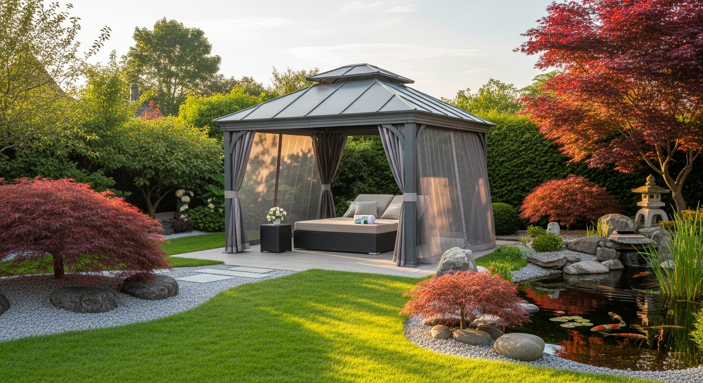 10' x 13' Gazebo with Double Roof, Curtains & Netting - Wood Legs, Gray - installation view