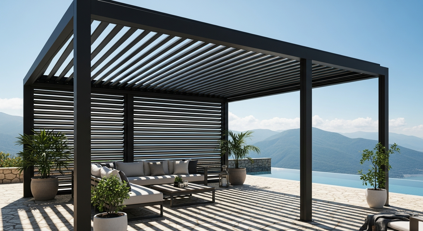 10' x 19' Louvered Pergola with Adjustable Roof - Aluminum Frame, Steel Louvers, Black - installation view