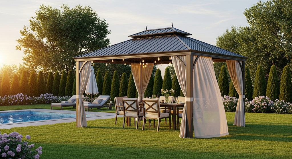 10' x 13' Hardtop Gazebo with Curtains & Netting, Aluminum Frame - installation view